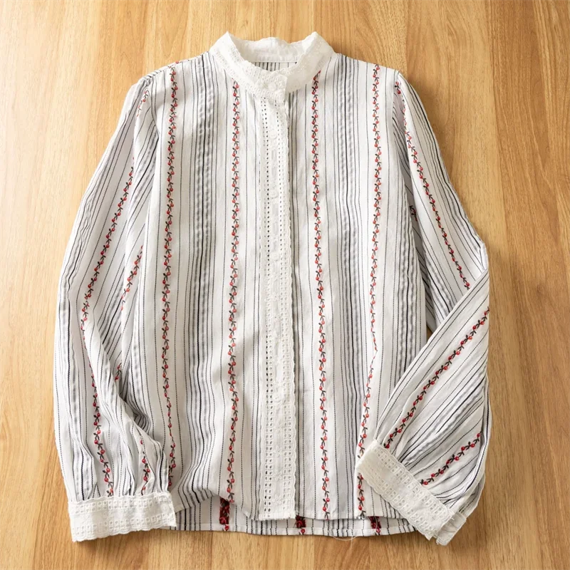 Sweet Mori Girl Striped Vine Floral Embroidery Shirts Women Spring New Stand Collar Long Sleeve Casual Loose Blouse Tops
Sweet Mori Girl Striped Vine Floral Embroidery Shirts Women Spring New Stand Collar Long Sleeve Casual Loose Blouse Tops