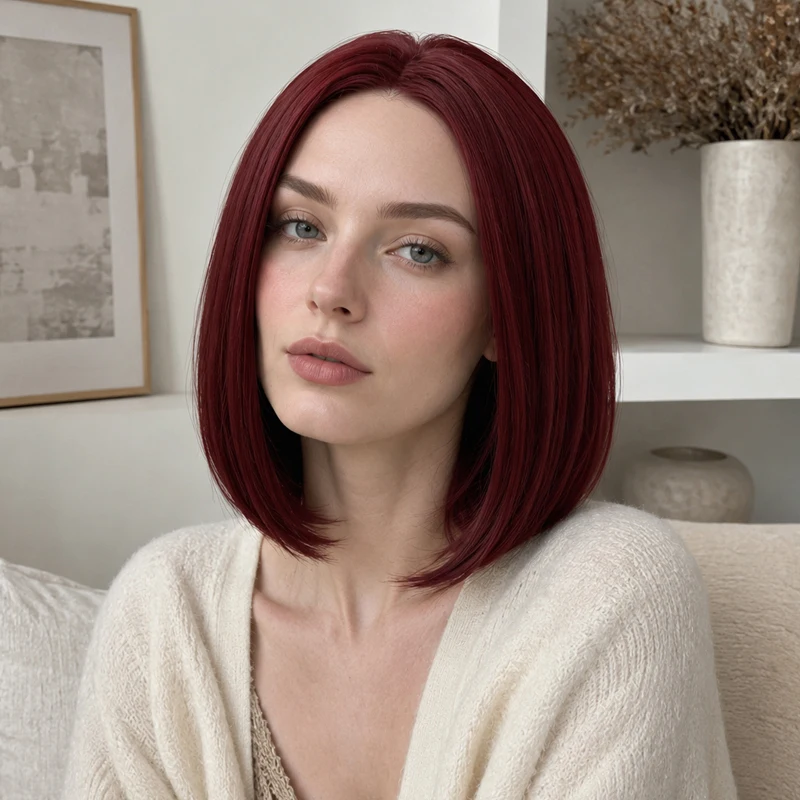 12-inch burgundy synthetic wig, no bangs, smooth and neat middle part, suitable for women, retro street style.
12-inch burgundy synthetic wig, no bangs, smooth and neat middle part, suitable for women, retro street style.