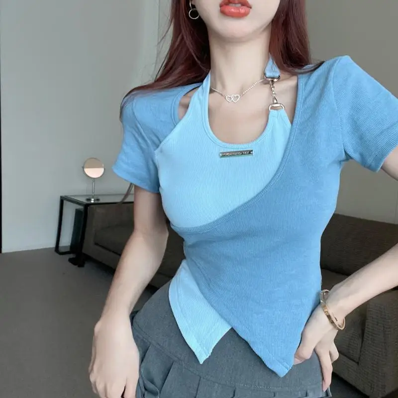 Summer Fashion Asymmetrical Patchwork Short Sleeve Tops Women New Vintage Slim Halter Fake Two Pieces T-Shirt
Summer Fashion Asymmetrical Patchwork Short Sleeve Tops Women New Vintage Slim Halter Fake Two Pieces T-Shirt