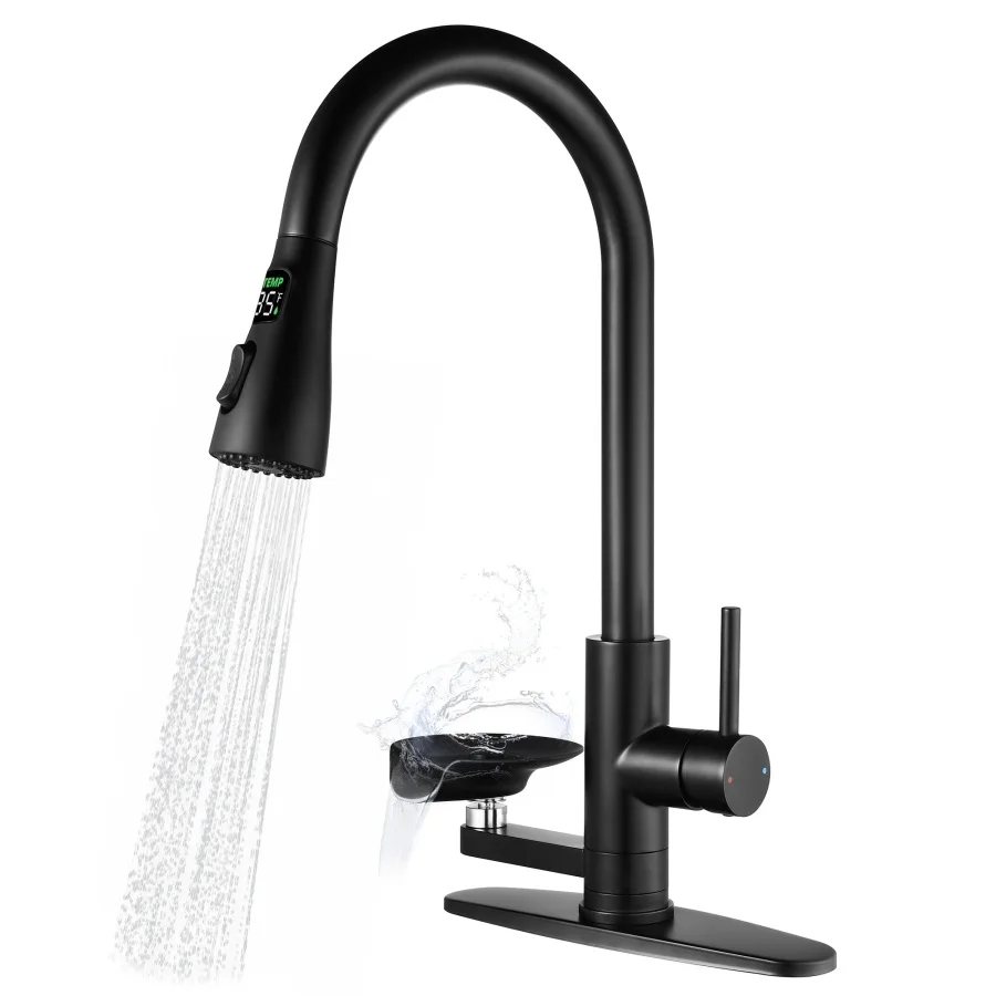 3-in-1 Kitchen Faucet with 3-Color LED Temperature Display Press-Type Glass Rinser High-Arc Pull-Down Sprayer 3 Spray Modes Mat
3-in-1 Kitchen Faucet with 3-Color LED Temperature Display Press-Type Glass Rinser High-Arc Pull-Down Sprayer 3 Spray Modes Mat