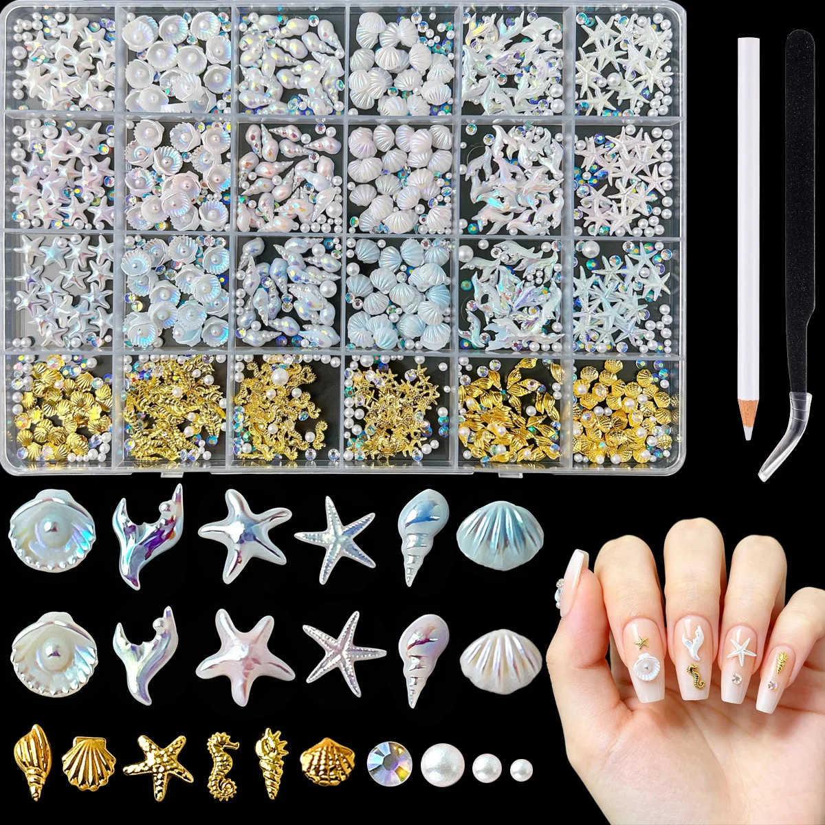 24 Grid Ocean Style Nail Art Accessories Set Iridescent Shell Starfish Pearl Mixed DIY Rhinestone Charms for Nail Decoration
24 Grid Ocean Style Nail Art Accessories Set Iridescent Shell Starfish Pearl Mixed DIY Rhinestone Charms for Nail Decoration