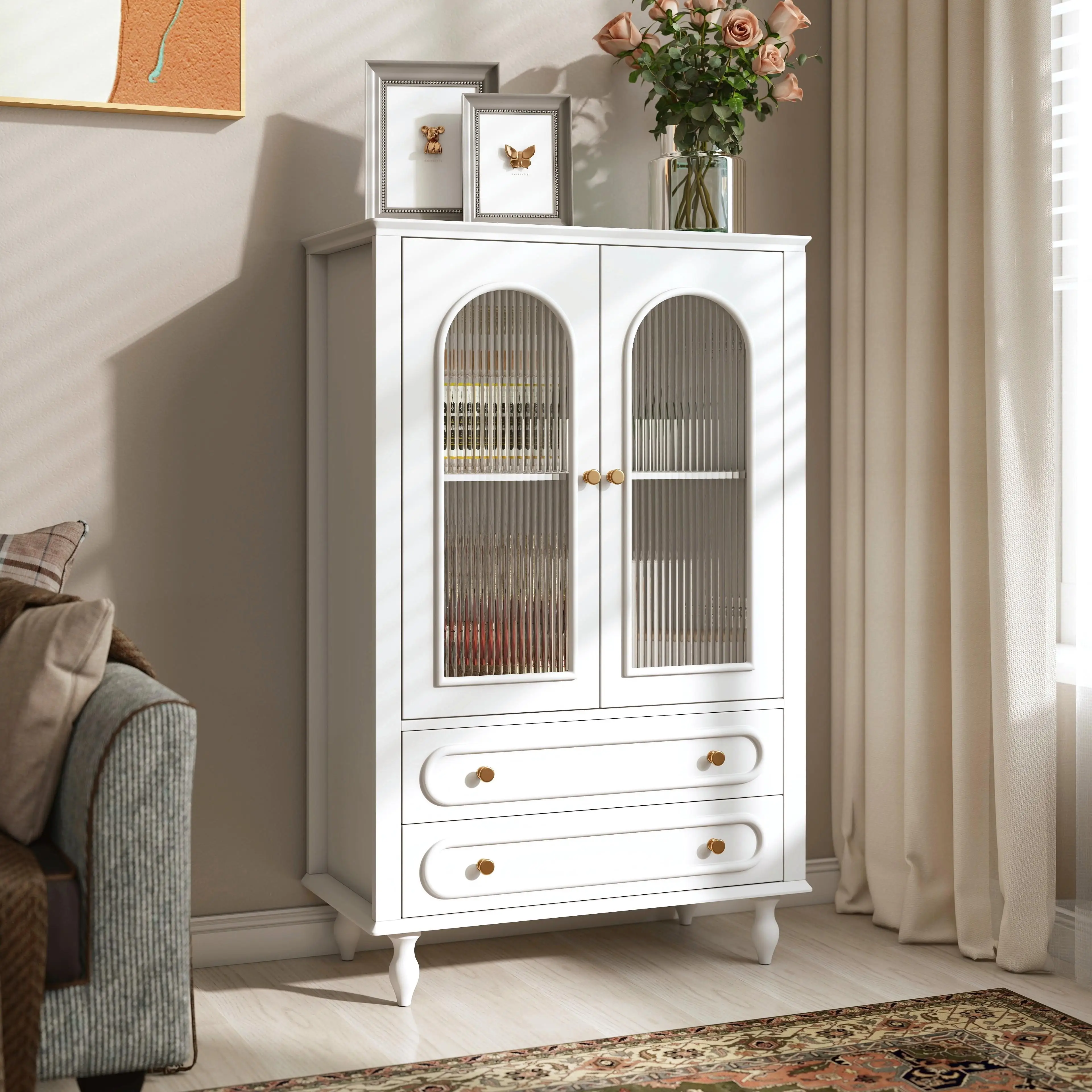 46.5in White Wooden Curio Cabinet 2 Drawers Adjustable Shelf Ribbed Glass Doors Living Room Dining Room
46.5in White Wooden Curio Cabinet 2 Drawers Adjustable Shelf Ribbed Glass Doors Living Room Dining Room