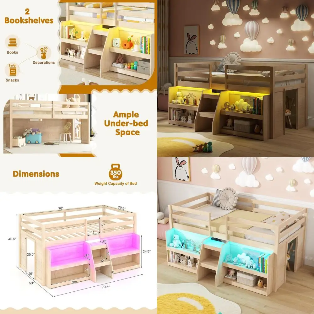 Двухъярусная деревянная кровать с LED-подсветкой, лестницей, защитным бортиком, местом для хранения и игровой зоной
Двухъярусная деревянная кровать с LED-подсветкой, лестницей, защитным бортиком, местом для хранения и игровой зоной