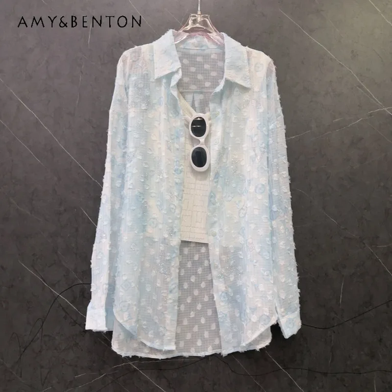 Women's Summer Thin Long Sleeves Sun Protection Shirt Heavy Craft Rhinestone Jacquard Pattern Loose Fit Daily All Match Blouse
Women's Summer Thin Long Sleeves Sun Protection Shirt Heavy Craft Rhinestone Jacquard Pattern Loose Fit Daily All Match Blouse