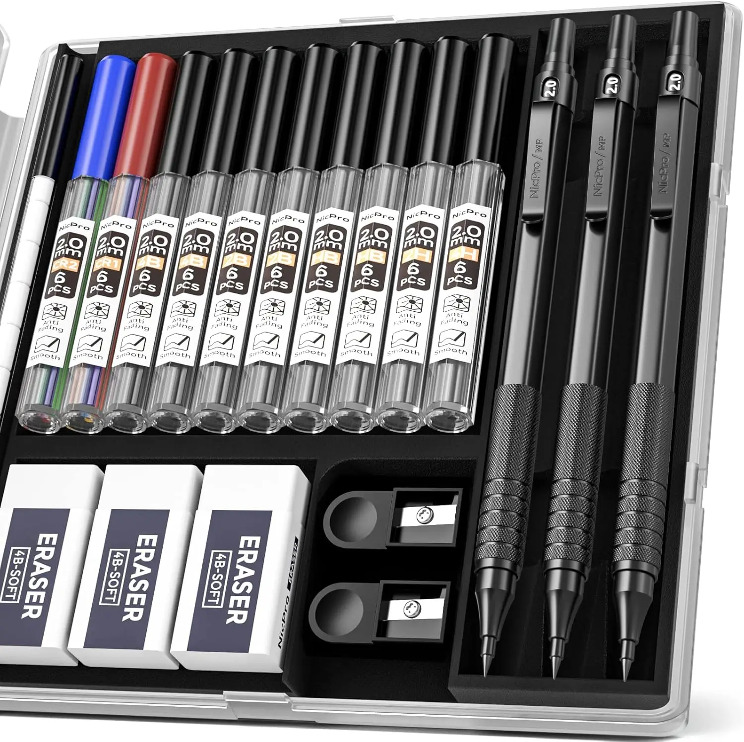 Professional 2.0mm Mechanical Pencil Set with Case, Graphite Leads, Sharpeners & Erasers for Drawing and Writing
Professional 2.0mm Mechanical Pencil Set with Case, Graphite Leads, Sharpeners & Erasers for Drawing and Writing