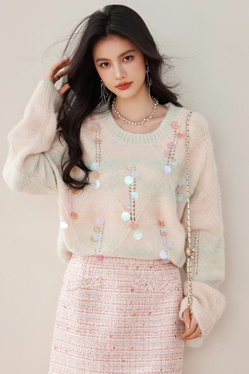 Winter Women's Sequins Sweater Knitwears O-Neck Hollow Pullover Tops Female Long Sleeves Woman's Clothing
Winter Women's Sequins Sweater Knitwears O-Neck Hollow Pullover Tops Female Long Sleeves Woman's Clothing
