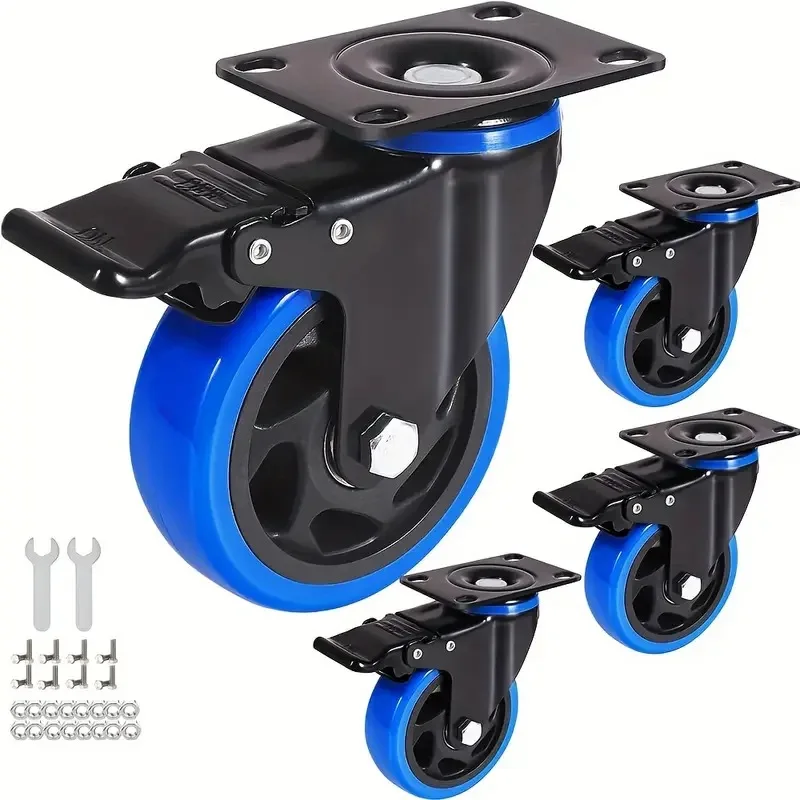 4 Pcs 4-Inch Medium Blue PVC Swivel Casters with Black Core, Dual Ball Bearings Brake & Universal Plate for Industrial Equipment
4 Pcs 4-Inch Medium Blue PVC Swivel Casters with Black Core, Dual Ball Bearings Brake & Universal Plate for Industrial Equipment