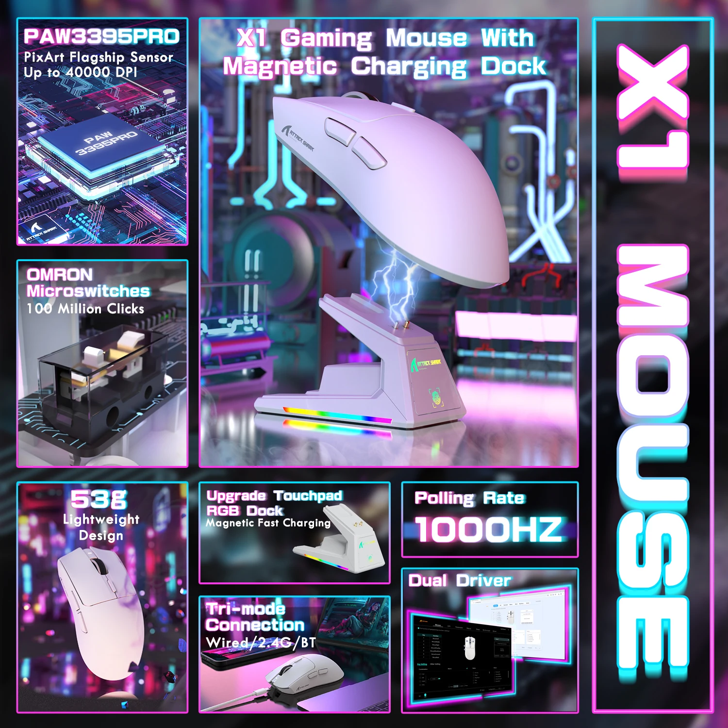 Сверхлегкая беспроводная игровая мышь ATTACK SHARK X1 с магнитной зарядной док-станцией RGB, датчиком PixArt PAW3395 Pro, 40000 точек на дюйм для ПК/Mac
Сверхлегкая беспроводная игровая мышь ATTACK SHARK X1 с магнитной зарядной док-станцией RGB, датчиком PixArt PAW3395 Pro, 40000 точек на дюйм для ПК/Mac