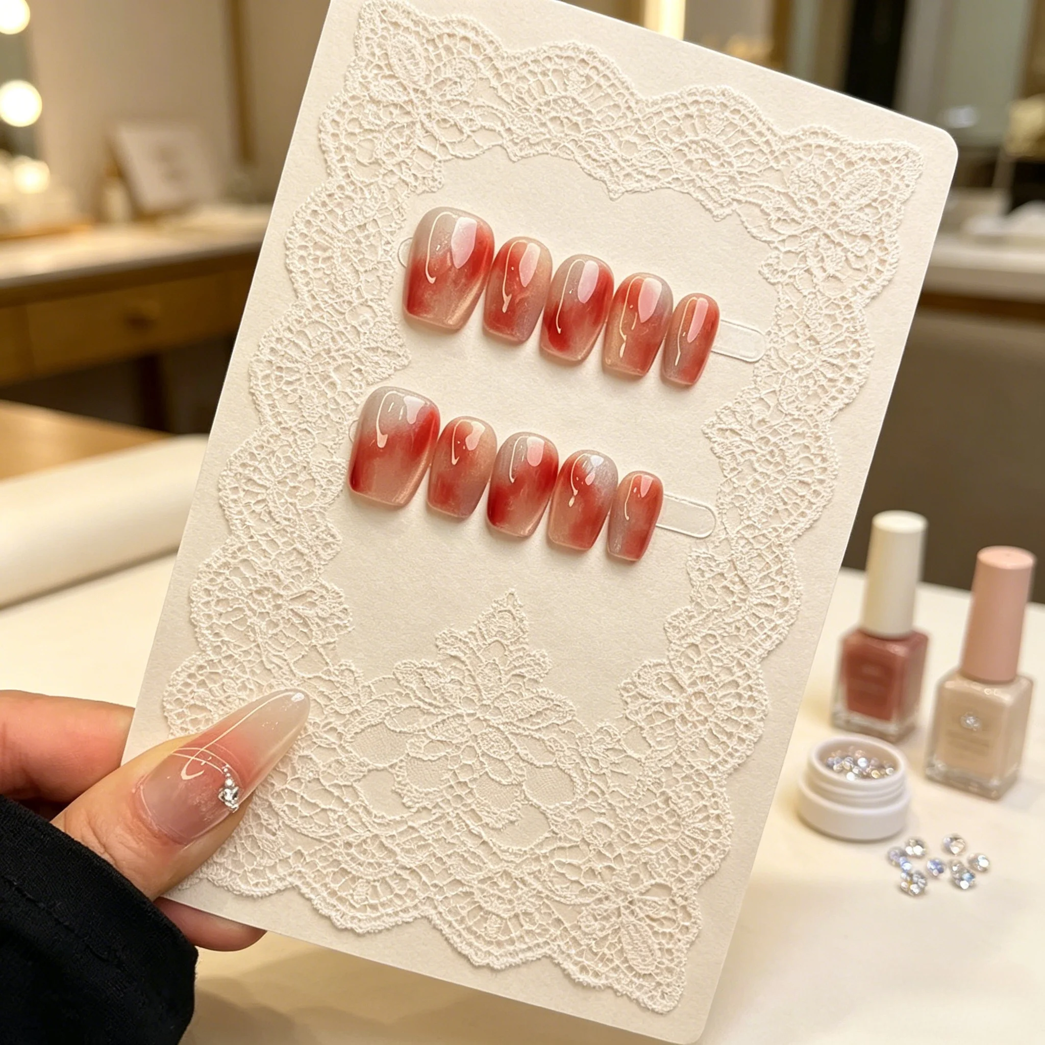 10pcs Handmade Nude Pink Gradient Press On Nails Short Square Fake Nails with Red Blush Effect, Reusable Full Cover False Nail
10pcs Handmade Nude Pink Gradient Press On Nails Short Square Fake Nails with Red Blush Effect, Reusable Full Cover False Nail