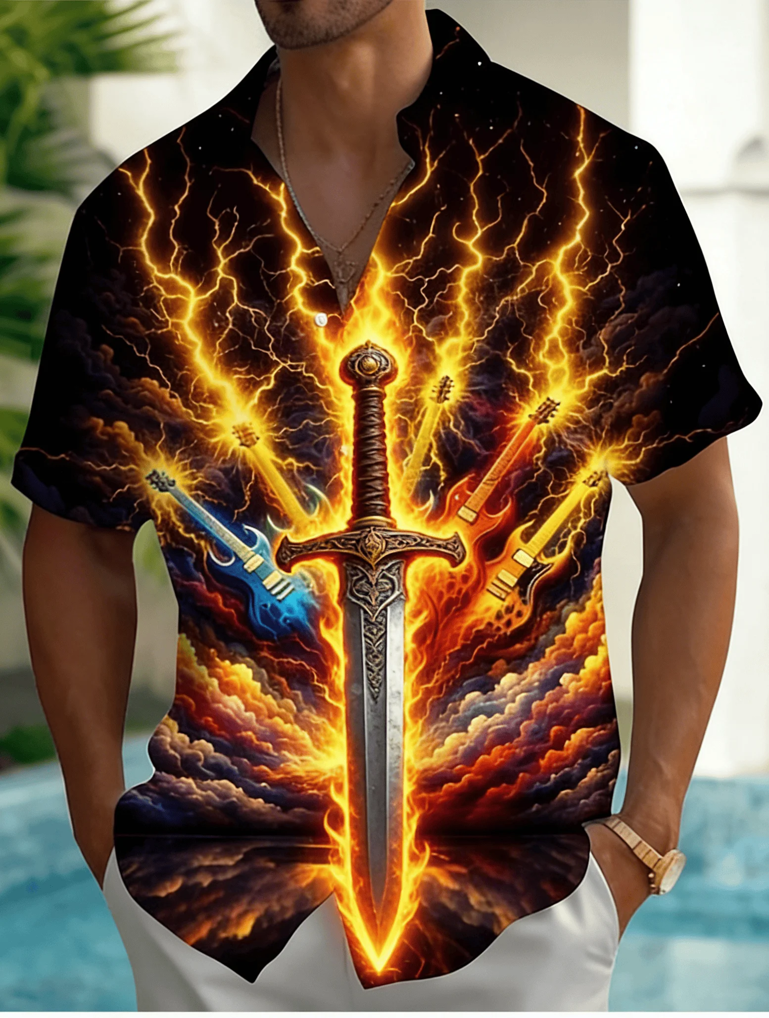 Men's Lightning Guitar 3D Print Short Sleeve Shirt, Spring Summer Rock Themed Fun Vacation Blouse, Loose Casual Top
Men's Lightning Guitar 3D Print Short Sleeve Shirt, Spring Summer Rock Themed Fun Vacation Blouse, Loose Casual Top