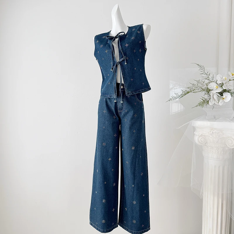 Vintage 2-Piece Denim Suits Starlight Handmade Sequin Lace-up Denim Jacket Vest Casual Jeans Pants Sets Two Pieces Women Outfits
Vintage 2-Piece Denim Suits Starlight Handmade Sequin Lace-up Denim Jacket Vest Casual Jeans Pants Sets Two Pieces Women Outfits