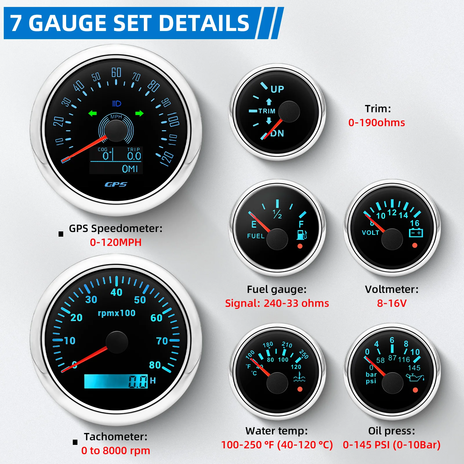 Car Boat 7 Gauge Set with Sensor 85mm GPS Speedometer Gauge Tachometer 52mm Water Temp Oil Pressure Fuel Level Gauge Trim Volts
Car Boat 7 Gauge Set with Sensor 85mm GPS Speedometer Gauge Tachometer 52mm Water Temp Oil Pressure Fuel Level Gauge Trim Volts
