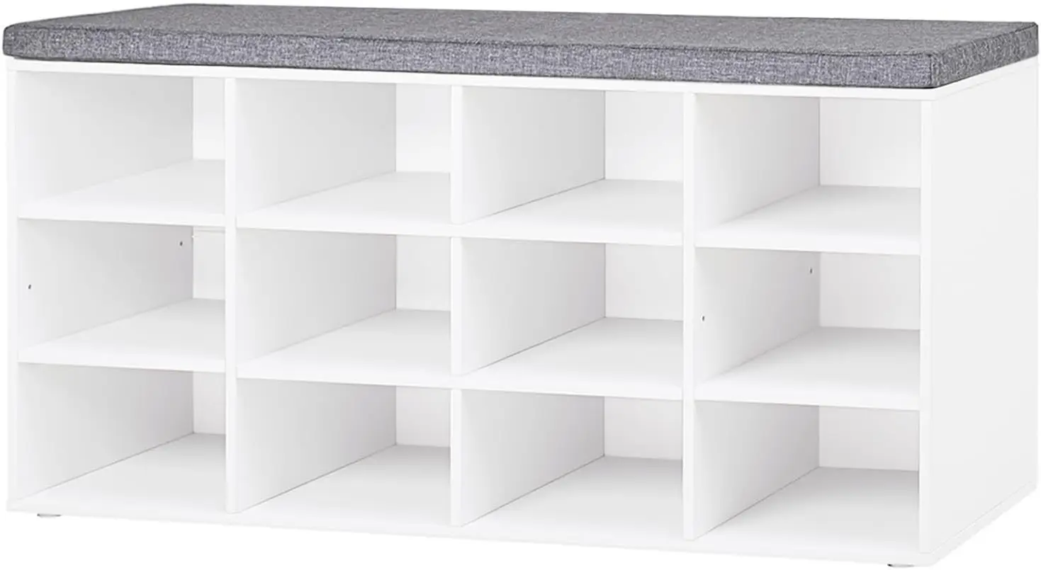 Shoe Storage Bench with 12 Cubbies, Adjustable Shelves, Cushion Seat, Entryway Organizer, White
Shoe Storage Bench with 12 Cubbies, Adjustable Shelves, Cushion Seat, Entryway Organizer, White