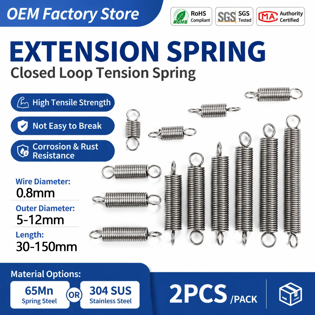 2pcs closed end tension spring anti fatigue 304SUS/65MN WD0.8mm, OD 5-12mm, Length 30-150mm durable tension spring
2pcs closed end tension spring anti fatigue 304SUS/65MN WD0.8mm, OD 5-12mm, Length 30-150mm durable tension spring