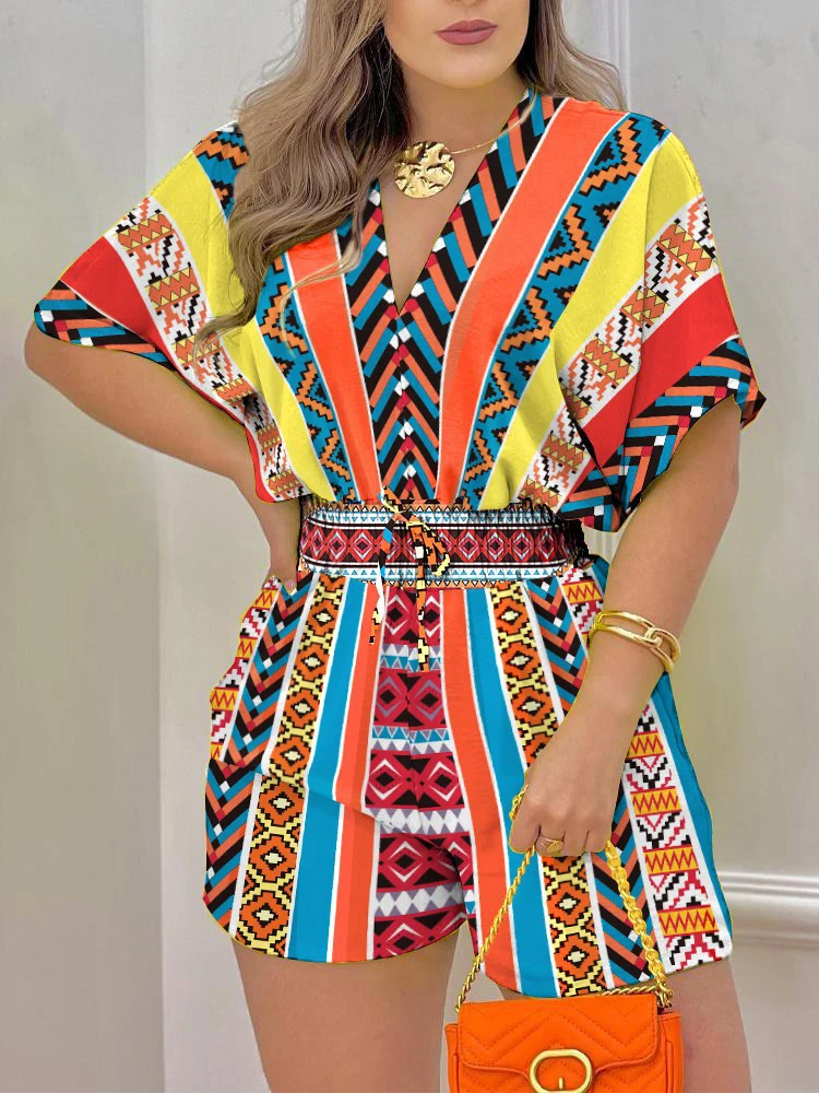 2024 Women's Fashion Print Shorts Jumpsuits Summer Casual V Neck Short Batwing Sleeve Elastic Waist Lace Up Jumpsuit For Women
2024 Women's Fashion Print Shorts Jumpsuits Summer Casual V Neck Short Batwing Sleeve Elastic Waist Lace Up Jumpsuit For Women