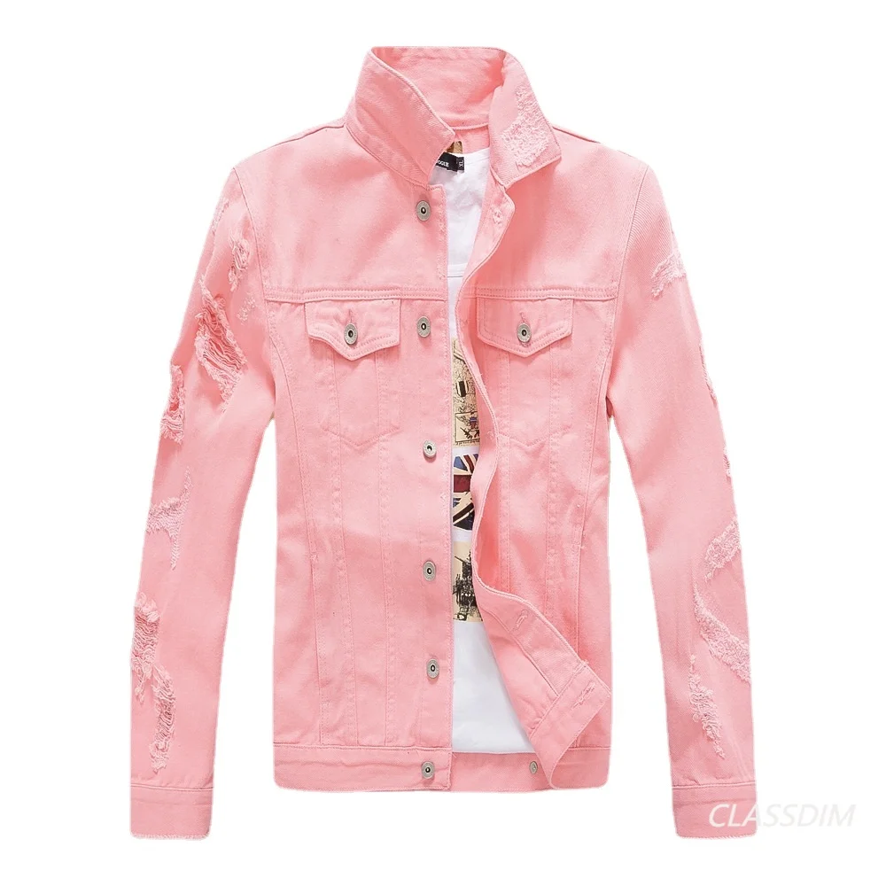 Men Ripped Denim Jackets Holes Casual Pink Denim Coats Jeans Jackets New Fashion Male Cotton Slim Fit Denim Jackets 4XL
Men Ripped Denim Jackets Holes Casual Pink Denim Coats Jeans Jackets New Fashion Male Cotton Slim Fit Denim Jackets 4XL