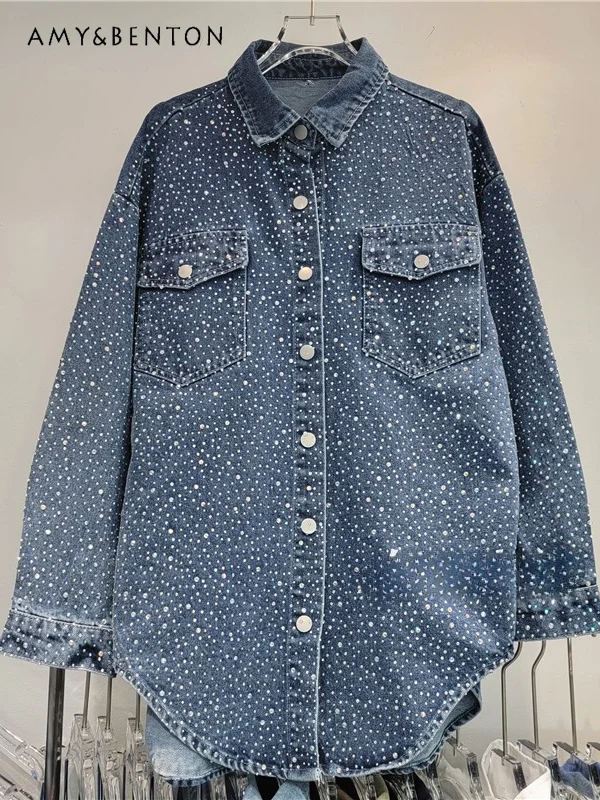 2024 Autumn New High-quality Hot Diamond Full Diamond Single-breasted Slim Denim Shirt Women Personality Casual Oversized Shirts
2024 Autumn New High-quality Hot Diamond Full Diamond Single-breasted Slim Denim Shirt Women Personality Casual Oversized Shirts