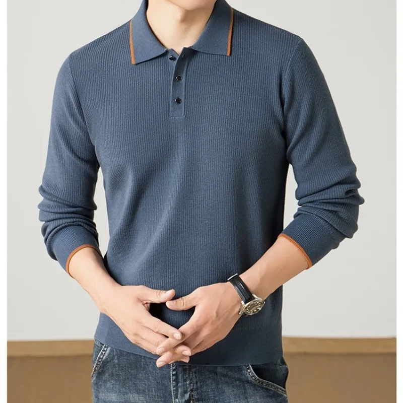 Мужская футболка с отложным воротником, мягкая трикотажная ткань, двухцветная панель, длинный рукав для осенне-зимнего ношения, свитер-поло
Мужская футболка с отложным воротником, мягкая трикотажная ткань, двухцветная панель, длинный рукав для осенне-зимнего ношения, свитер-поло