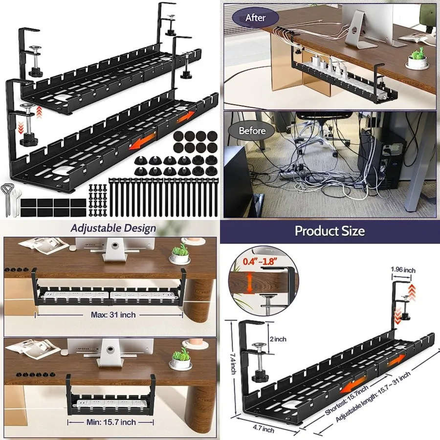 2 Pack Cable Management Under Desk, 15.7"-31" Retractable Cable Management Tray, No Drilling Cord Organizer with Clamp for Desk
2 Pack Cable Management Under Desk, 15.7"-31" Retractable Cable Management Tray, No Drilling Cord Organizer with Clamp for Desk