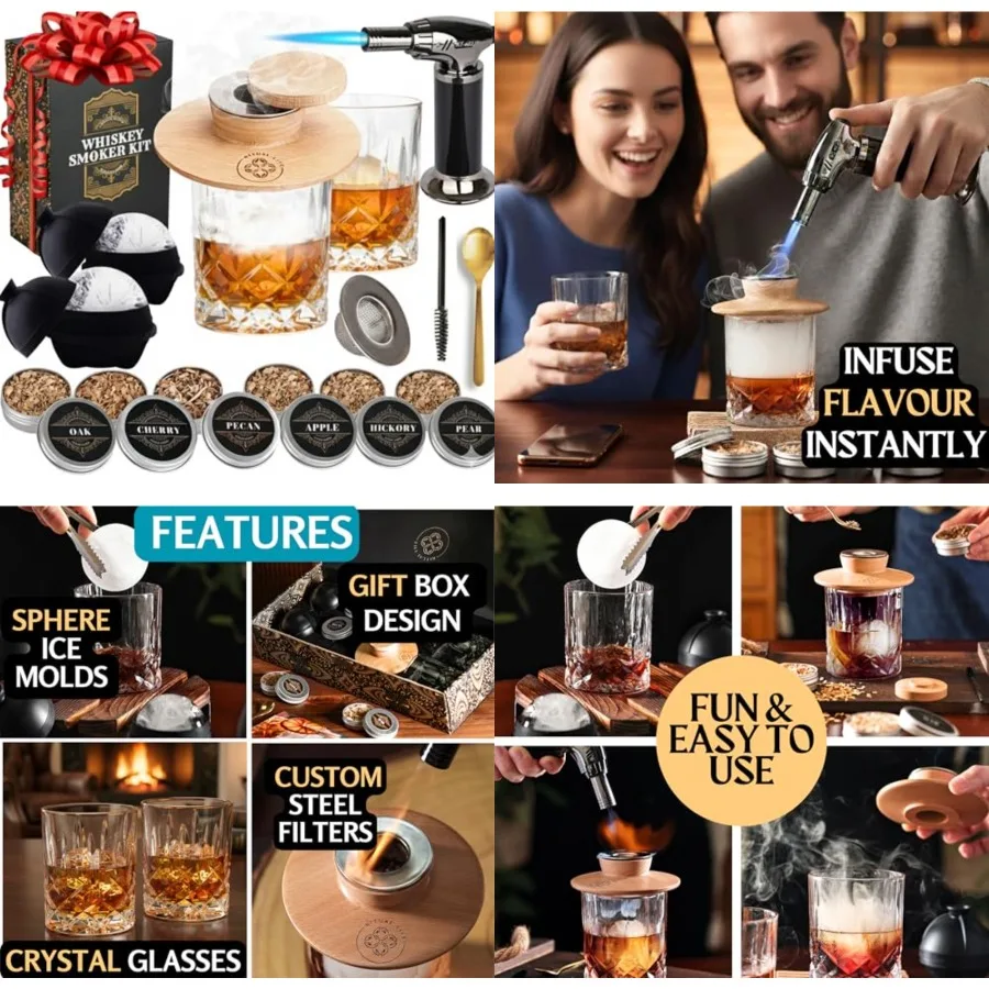 Whiskey - Cocktail Torch, 2 Whiskey Glasses, 2 Ice Ball Makers, 6 Flavors Wood Chips - Old Fashioned Smokers - Bourbon Drink Sm
Whiskey - Cocktail Torch, 2 Whiskey Glasses, 2 Ice Ball Makers, 6 Flavors Wood Chips - Old Fashioned Smokers - Bourbon Drink Sm