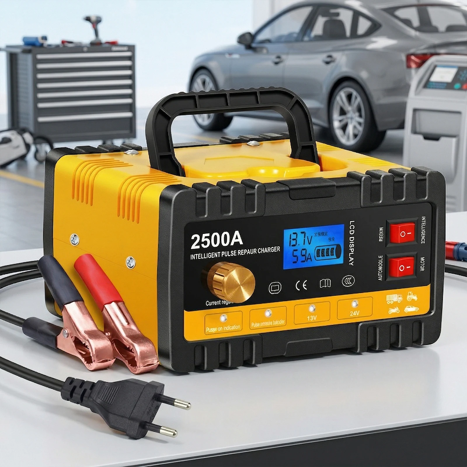 12V/24V Smart Battery Charger with Cable Clamps & LCD Display Car Battery Charger for Motorcycles Cars Trucks Lawnmowers
12V/24V Smart Battery Charger with Cable Clamps & LCD Display Car Battery Charger for Motorcycles Cars Trucks Lawnmowers