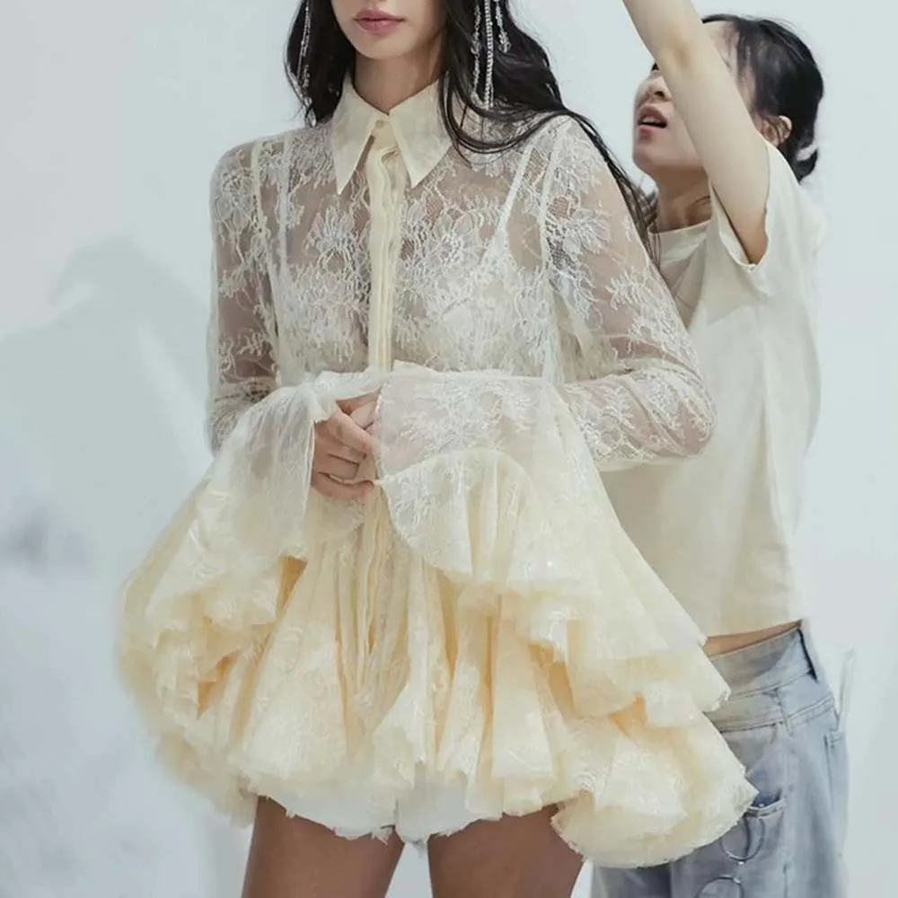 Sheer Spliced Ruffles Folds Mini Dresses for Women Lapel Long Sleeves Patchwork Single Breasted Sexy Dress Female
Sheer Spliced Ruffles Folds Mini Dresses for Women Lapel Long Sleeves Patchwork Single Breasted Sexy Dress Female
