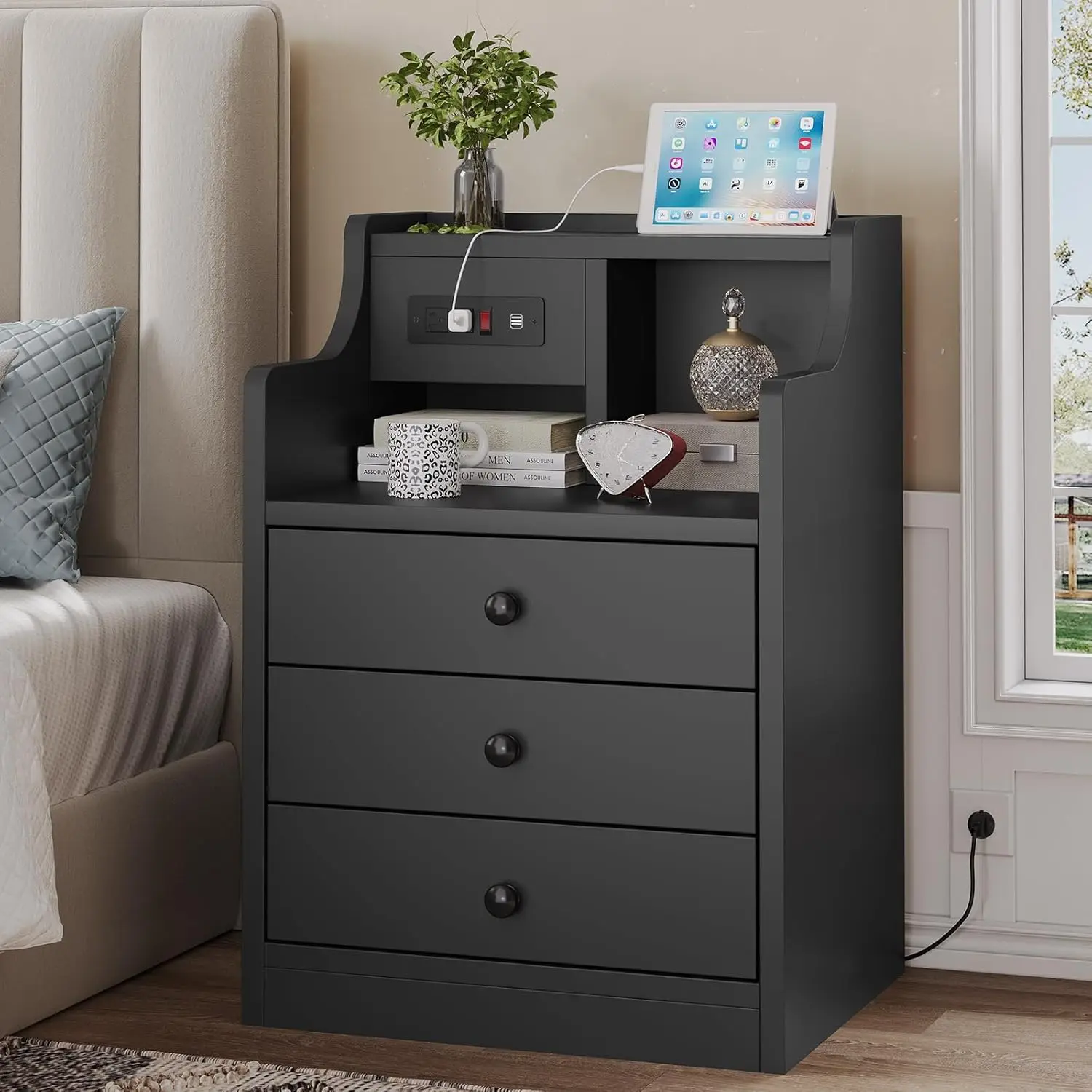 Black Nightstand With Charging Station 3 Drawers, Wood Sofa End Side Table With USB Ports And Outlet, Bedside Table, Customized
Black Nightstand With Charging Station 3 Drawers, Wood Sofa End Side Table With USB Ports And Outlet, Bedside Table, Customized