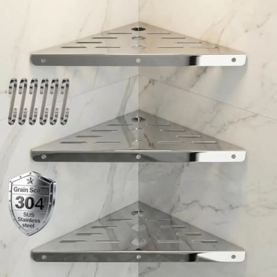 3 Pack Corner Shower Shelf, 10-Inch 304 Stainless Steel Bathroom Shelves with 6 Hooks 40 lbs Heavy Duty Capacity Durable Drill-
3 Pack Corner Shower Shelf, 10-Inch 304 Stainless Steel Bathroom Shelves with 6 Hooks 40 lbs Heavy Duty Capacity Durable Drill-