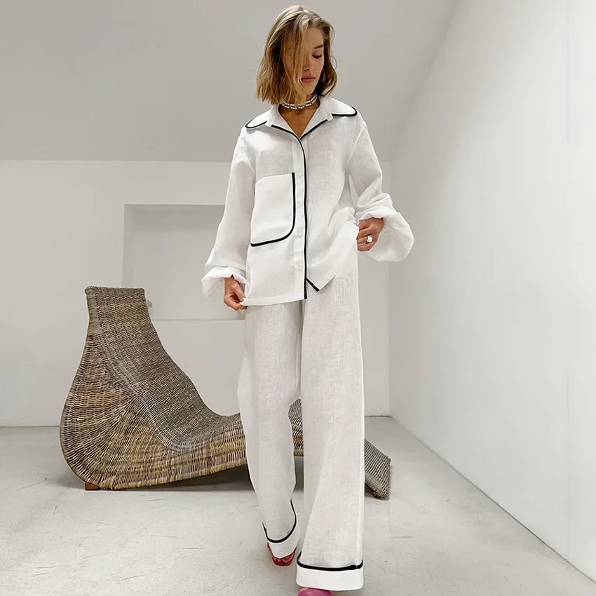 Fashion Female Nightwear Suit Sexy Turn-Down Collar Sleepwear Long Sleeve Nightgowns Wide Leg Pants Cotton Women Nightie Set
Fashion Female Nightwear Suit Sexy Turn-Down Collar Sleepwear Long Sleeve Nightgowns Wide Leg Pants Cotton Women Nightie Set