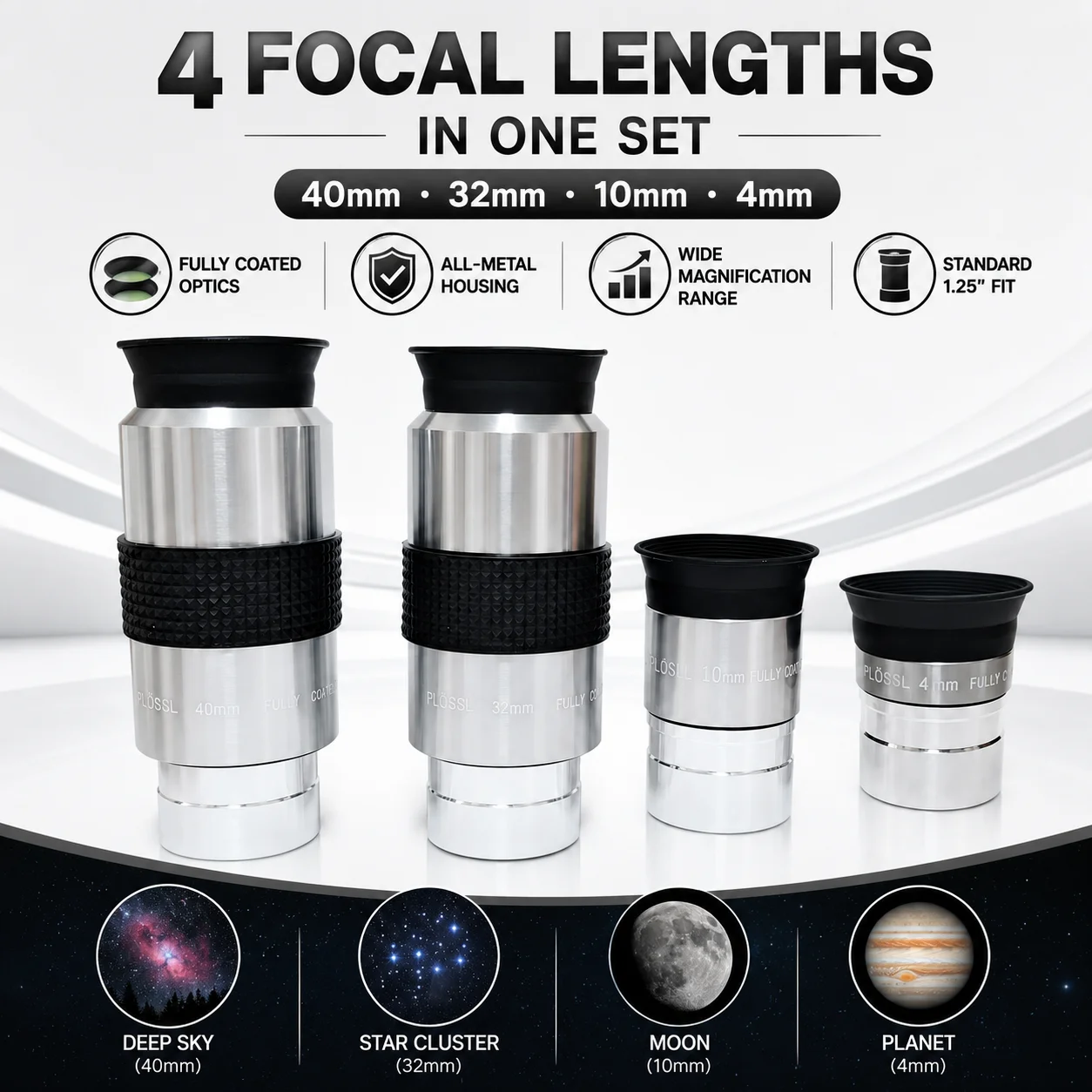 4PCS/Lot Plossl Eyepiece Kit 1.25 inch Telescope Lens 40mm 32mm 10mm 4mm HD Astronomical Eyepieces Set for Planets Deep Sky View
4PCS/Lot Plossl Eyepiece Kit 1.25 inch Telescope Lens 40mm 32mm 10mm 4mm HD Astronomical Eyepieces Set for Planets Deep Sky View