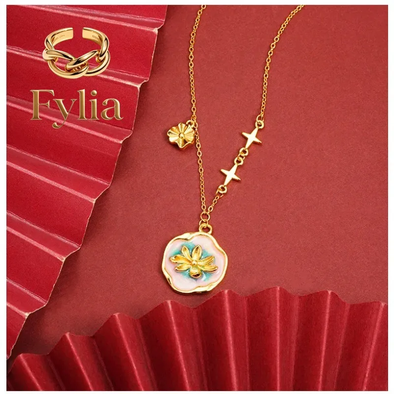 Fylia Jewelry New 9999 24K real gold necklace, national dripping oil water lily collarbone chain, female Chinese style retro j
Fylia Jewelry New 9999 24K real gold necklace, national dripping oil water lily collarbone chain, female Chinese style retro j