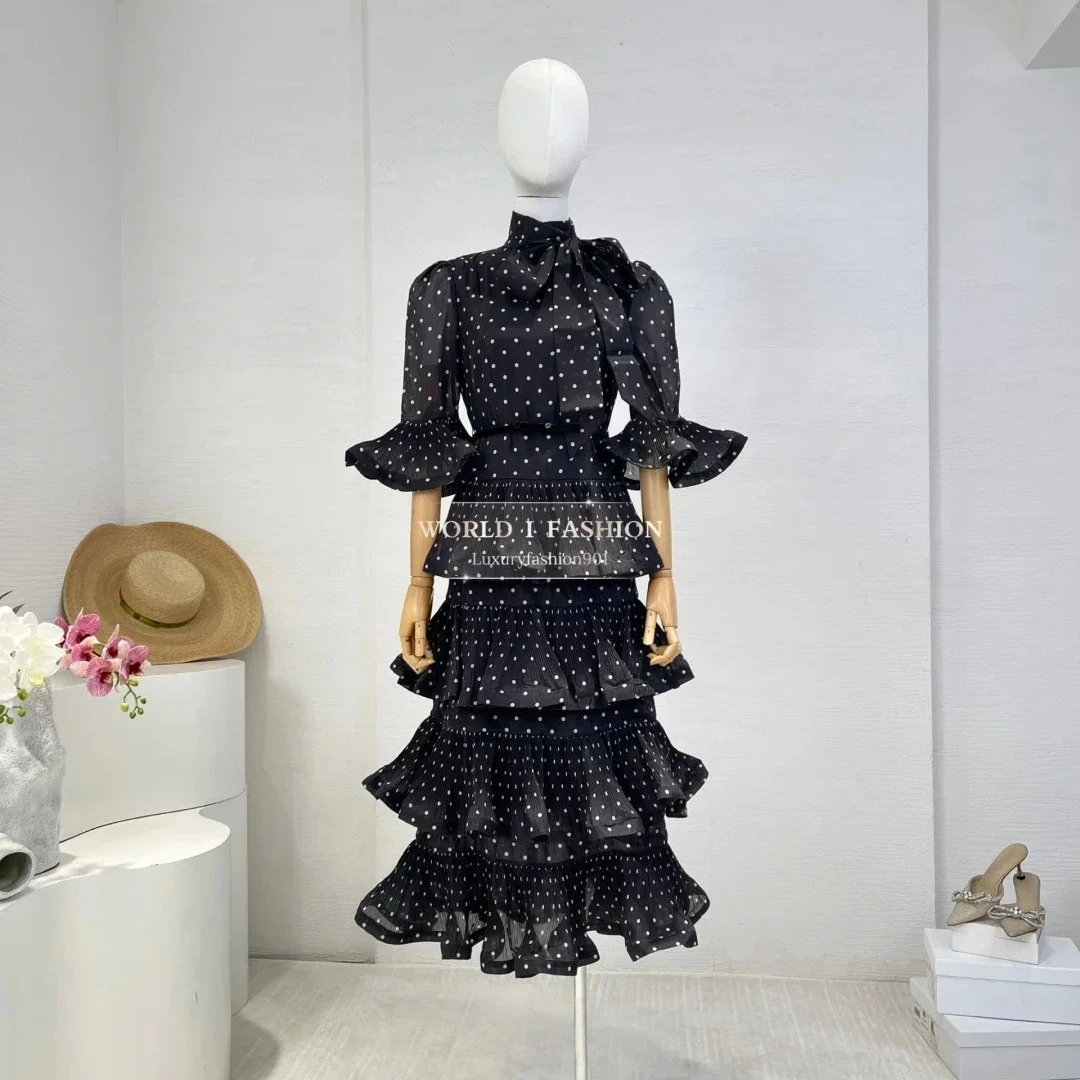 Black Dot Print Half Sleeve Ruffles Cascading Midi Dress
Black Dot Print Half Sleeve Ruffles Cascading Midi Dress