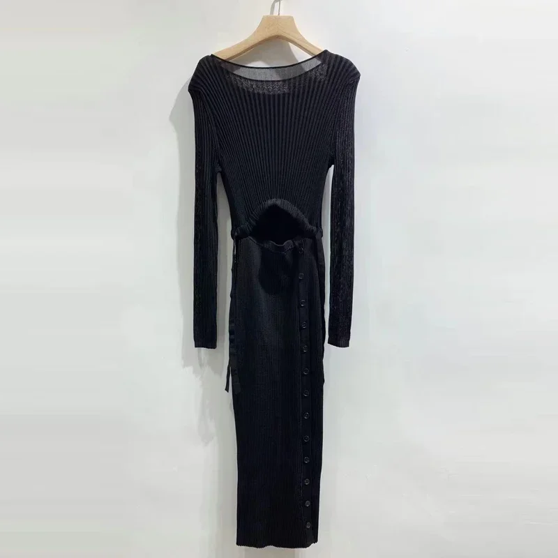 Women's black hollow dress long sleeve round neck slim fit knitted high waist maxi dresses for day and night party
Women's black hollow dress long sleeve round neck slim fit knitted high waist maxi dresses for day and night party
