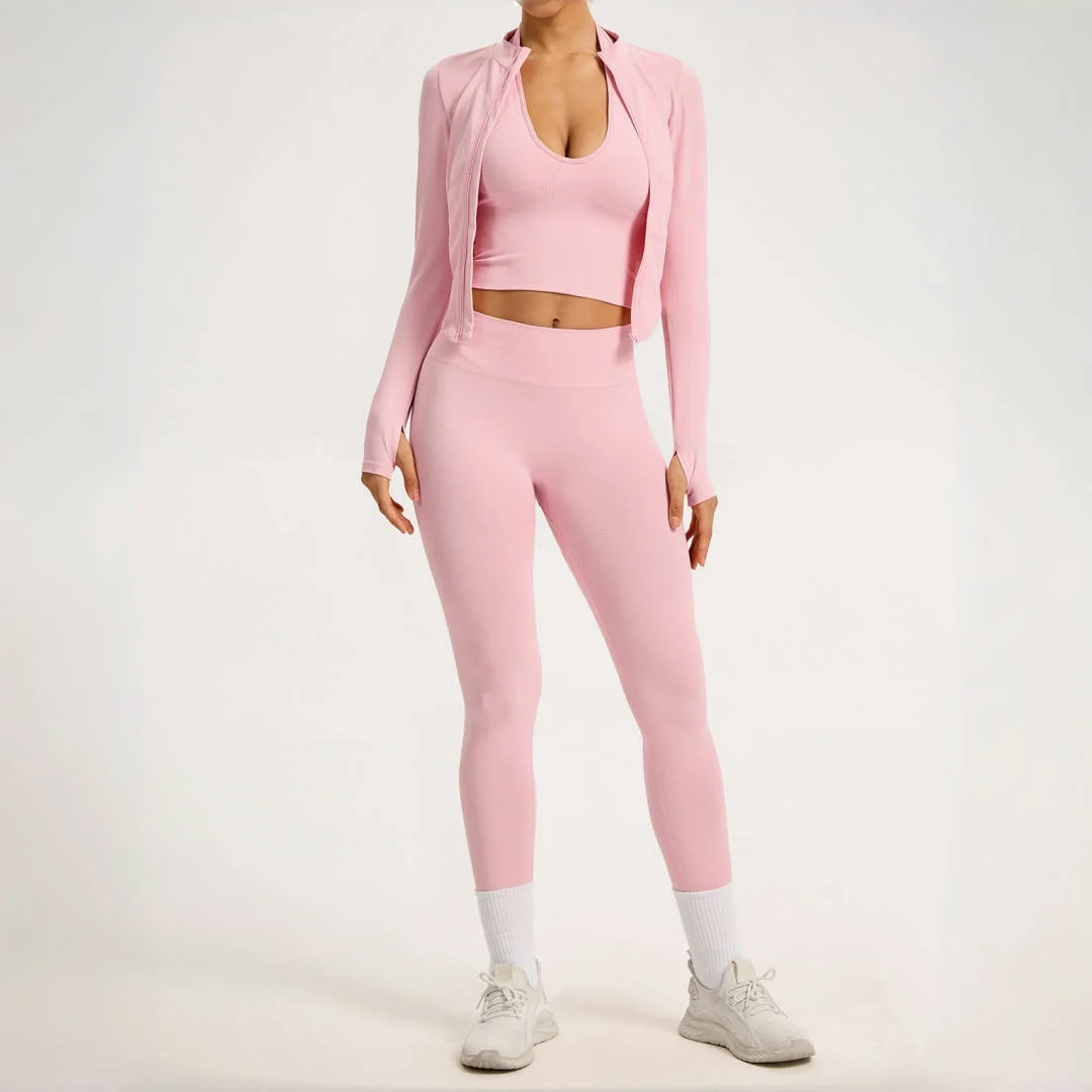 Seamless Yoga 3pc Set Running Quick-Dry Slim Peach Hip Sports Jacket Fitness 2pc Set Workout Clothes Gym Leggings Suit for Women
Seamless Yoga 3pc Set Running Quick-Dry Slim Peach Hip Sports Jacket Fitness 2pc Set Workout Clothes Gym Leggings Suit for Women