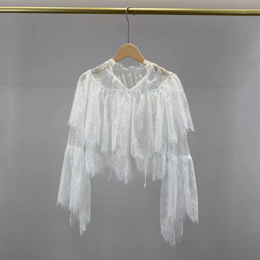 White Lace Blouse for Women Elegant Flare Long Sleeve Ruffle Cropped Top Sheer Turtleneck See-Through Party Cover Up Shirt
White Lace Blouse for Women Elegant Flare Long Sleeve Ruffle Cropped Top Sheer Turtleneck See-Through Party Cover Up Shirt