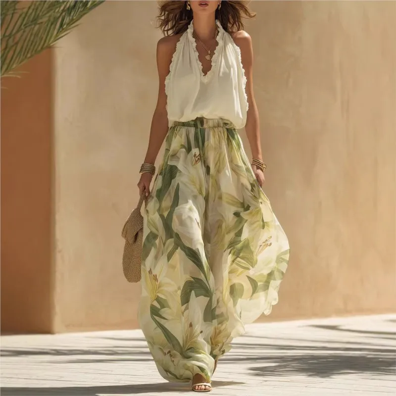 Summer New Sexy Bohemian Two Piece Set Fashion V-neck Solid Vest + Printed Pants Set Casual Women Sleeveless Loose Vacation Sets
Summer New Sexy Bohemian Two Piece Set Fashion V-neck Solid Vest + Printed Pants Set Casual Women Sleeveless Loose Vacation Sets