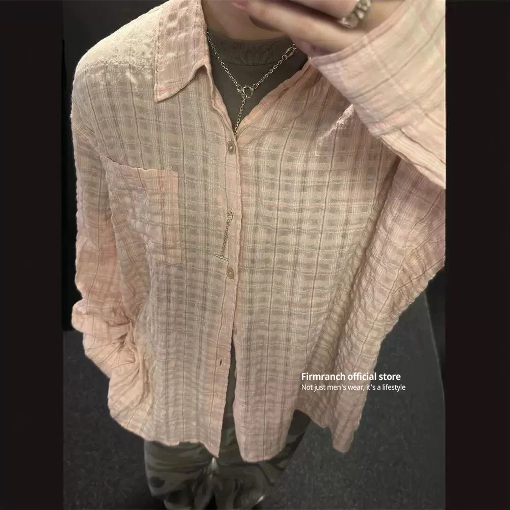 Firmranch Korean Seersucker Light Pink Plaid Shirt For Men Women Long-sleeved Oversized Lazy Casual Blouse 2024 Spring Summer
Firmranch Korean Seersucker Light Pink Plaid Shirt For Men Women Long-sleeved Oversized Lazy Casual Blouse 2024 Spring Summer