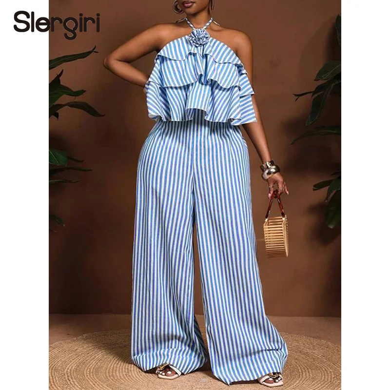 Slergiri Striped Tie Backless Halter Jumpsuit Women Fashion New 2026 Summer Sexy Vacation Layered Ruffle Wide Leg Jumpsuits
Slergiri Striped Tie Backless Halter Jumpsuit Women Fashion New 2026 Summer Sexy Vacation Layered Ruffle Wide Leg Jumpsuits