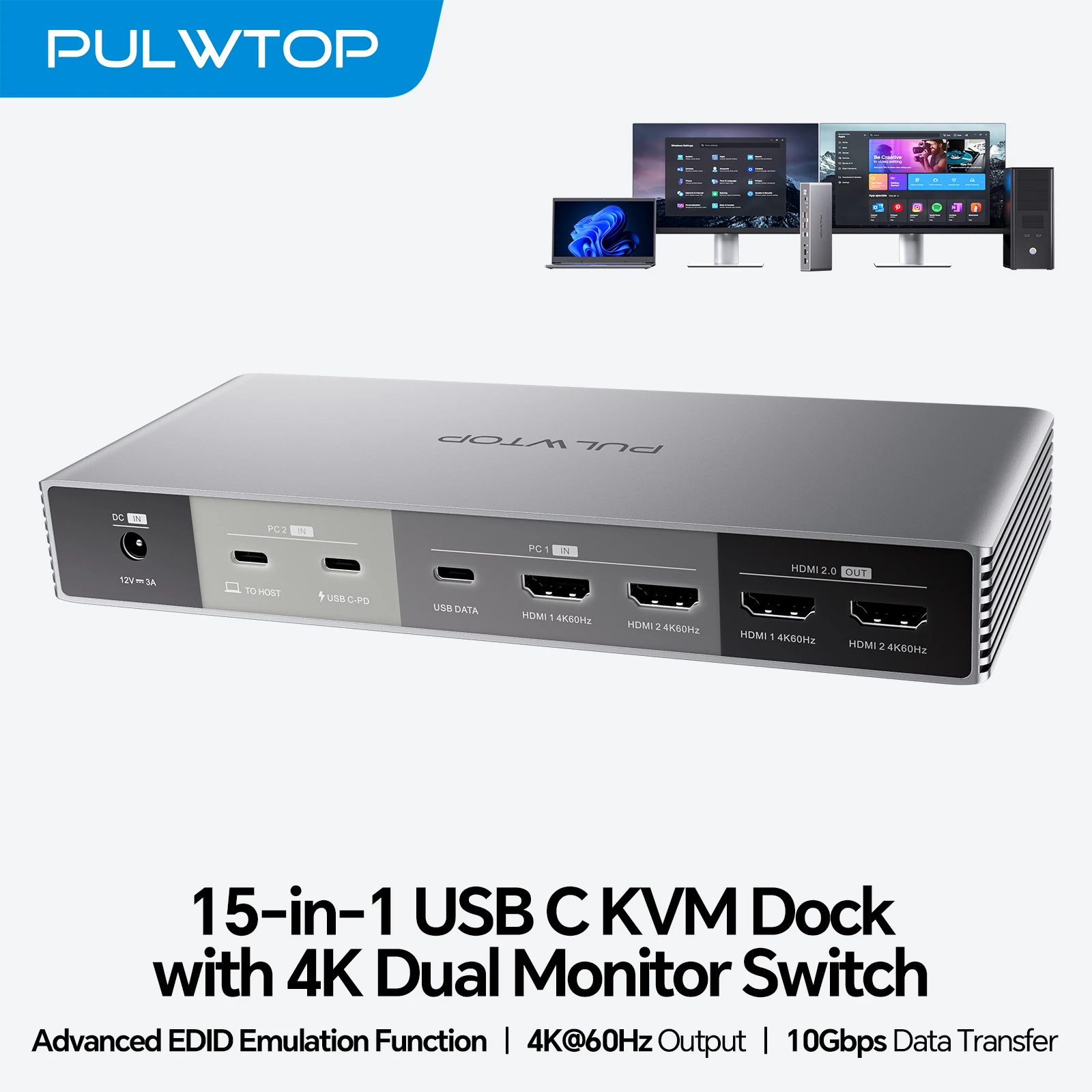 Док-станция с KVM-переключателем PULWTOP для ноутбуков и настольных компьютеров, с 2 HDMI, USB A/C 3,2, 10 Гбит/с, зарядка 15 Вт, аудио
Док-станция с KVM-переключателем PULWTOP для ноутбуков и настольных компьютеров, с 2 HDMI, USB A/C 3,2, 10 Гбит/с, зарядка 15 Вт, аудио