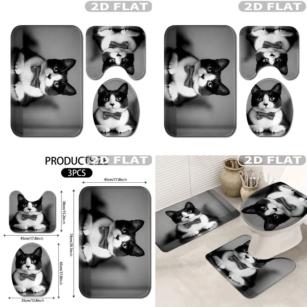 2D Flat 3pcs Black White Cat Bow Tie Bathroom Rug Set Non-Slip Washable Mat Set for Kitchen Bedroom Includes Bath Mat Contour
2D Flat 3pcs Black White Cat Bow Tie Bathroom Rug Set Non-Slip Washable Mat Set for Kitchen Bedroom Includes Bath Mat Contour
