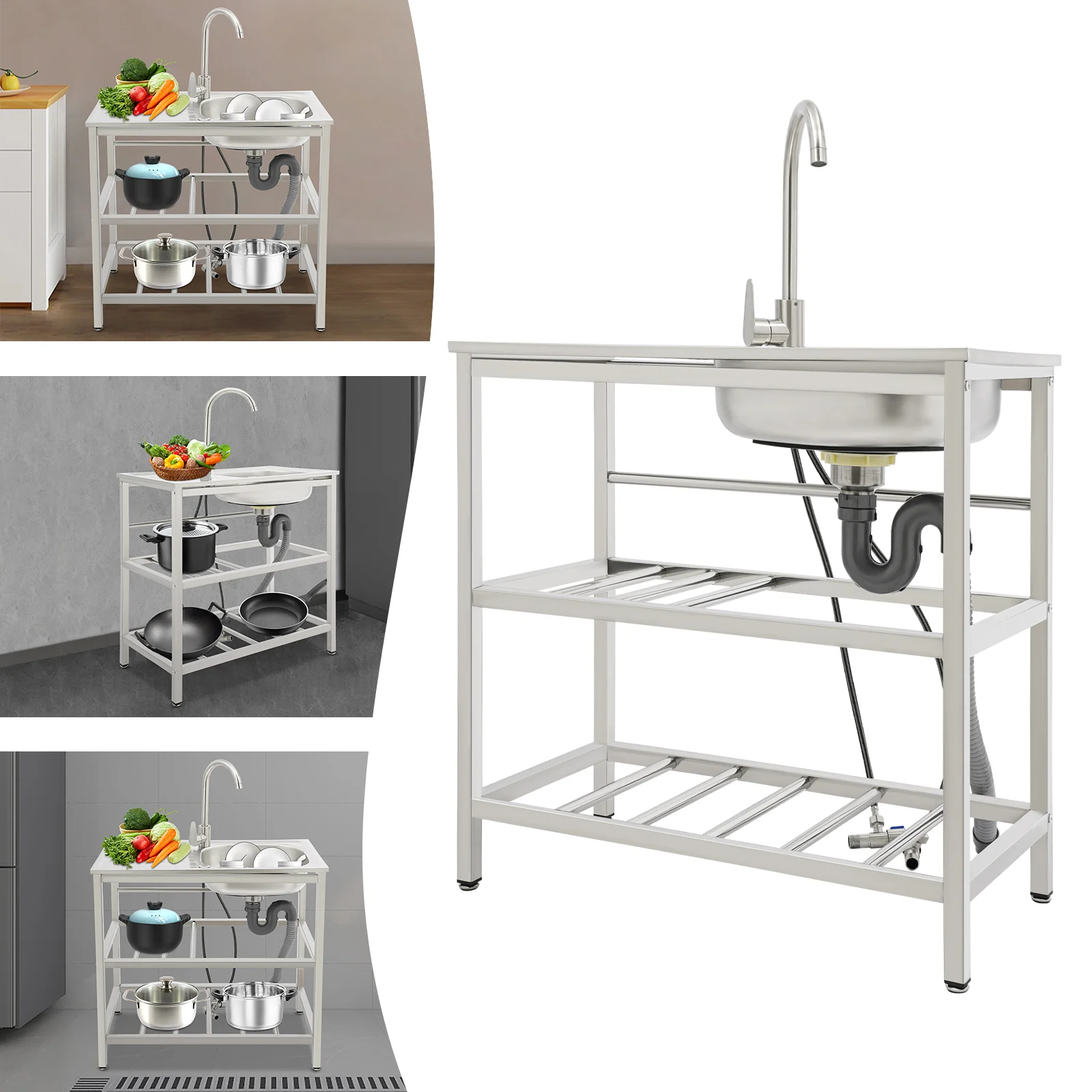 Stainless Steel Freestanding Outdoor Kitchen Sink with Faucet Worktable and Storage Rack Cold Hot Water Adjustable Feet
Stainless Steel Freestanding Outdoor Kitchen Sink with Faucet Worktable and Storage Rack Cold Hot Water Adjustable Feet