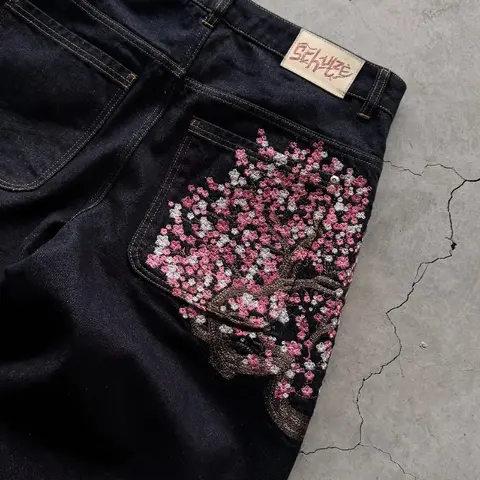 Y2K Baggy jeans Cherry Blossom Selvedge Embroidery Denim Pants men women denim fabric American Hiphop Streetwear Wide Leg Jeans