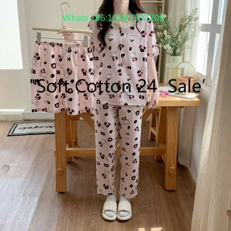 New Hello Kitty pink women's pajamas pure cotton three-piece set, short sleeves, shorts, trousers, Hello Kitty loose loungewear
New Hello Kitty pink women's pajamas pure cotton three-piece set, short sleeves, shorts, trousers, Hello Kitty loose loungewear