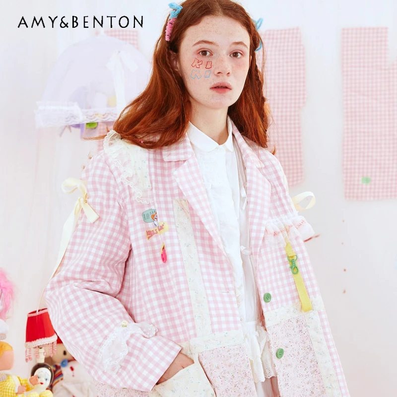 Original Design Pink Blue Plaid Floral Cute Women's Blazer Jacket Spring Autumn Lace Print Splicing Loose Versatile Coat Ladies
Original Design Pink Blue Plaid Floral Cute Women's Blazer Jacket Spring Autumn Lace Print Splicing Loose Versatile Coat Ladies