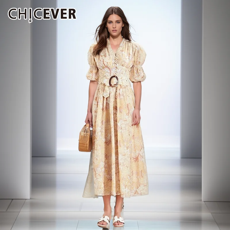 CHICEVER Print Elegant Dresses For Women V Neck Puff Sleeve High Waist Spliced Button Tunic patchwork belt summer Dress Female 
CHICEVER Print Elegant Dresses For Women V Neck Puff Sleeve High Waist Spliced Button Tunic patchwork belt summer Dress Female