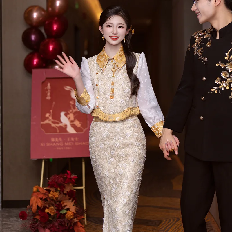 New Chinese Qipao Suit Bridal Toast Clothing Summer Long Sleeve Gown Cheongsam Fashion Jacquard Bridal Morning Dress
New Chinese Qipao Suit Bridal Toast Clothing Summer Long Sleeve Gown Cheongsam Fashion Jacquard Bridal Morning Dress