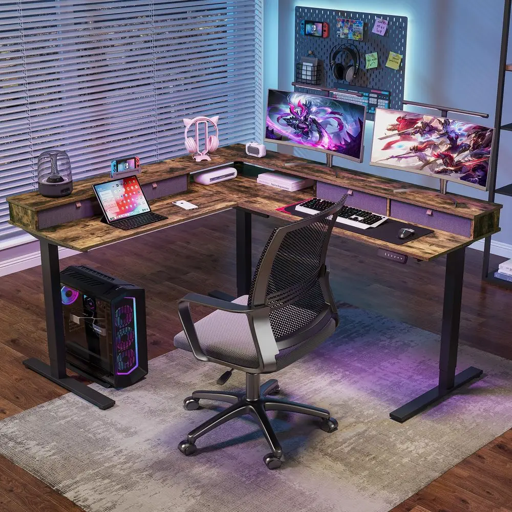 71 L Shaped Standing Desk with 4 Drawers, Height Adjustable Stand up Desk, Corner Gaming Desk with Monitor Stand, Black Frame R
71 L Shaped Standing Desk with 4 Drawers, Height Adjustable Stand up Desk, Corner Gaming Desk with Monitor Stand, Black Frame R