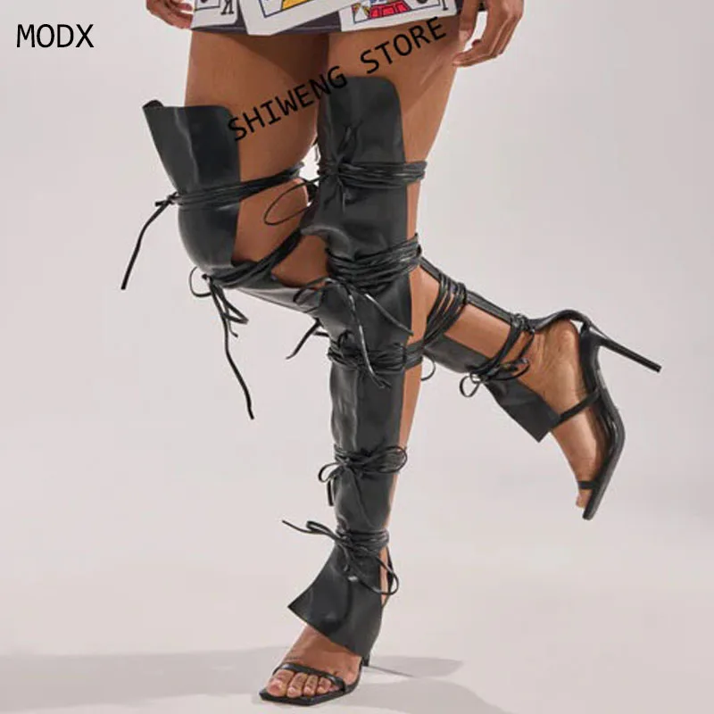 2026 Women Strappy Gladiator Sandal Boots Square Toe Stiletto Over-the-Knee Boots for Summer Customized Black PU Leather Strappy
2026 Women Strappy Gladiator Sandal Boots Square Toe Stiletto Over-the-Knee Boots for Summer Customized Black PU Leather Strappy
