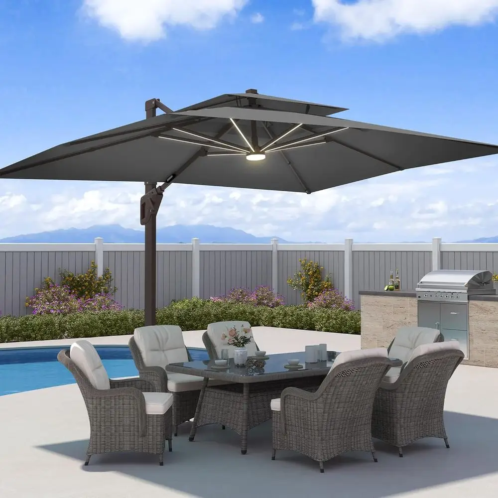 Large 9x12 Patio Umbrella with Weighted Base, LED Lights, and 360° Rotation for Outdoor Garden or Pool Deck, Grey
Large 9x12 Patio Umbrella with Weighted Base, LED Lights, and 360° Rotation for Outdoor Garden or Pool Deck, Grey