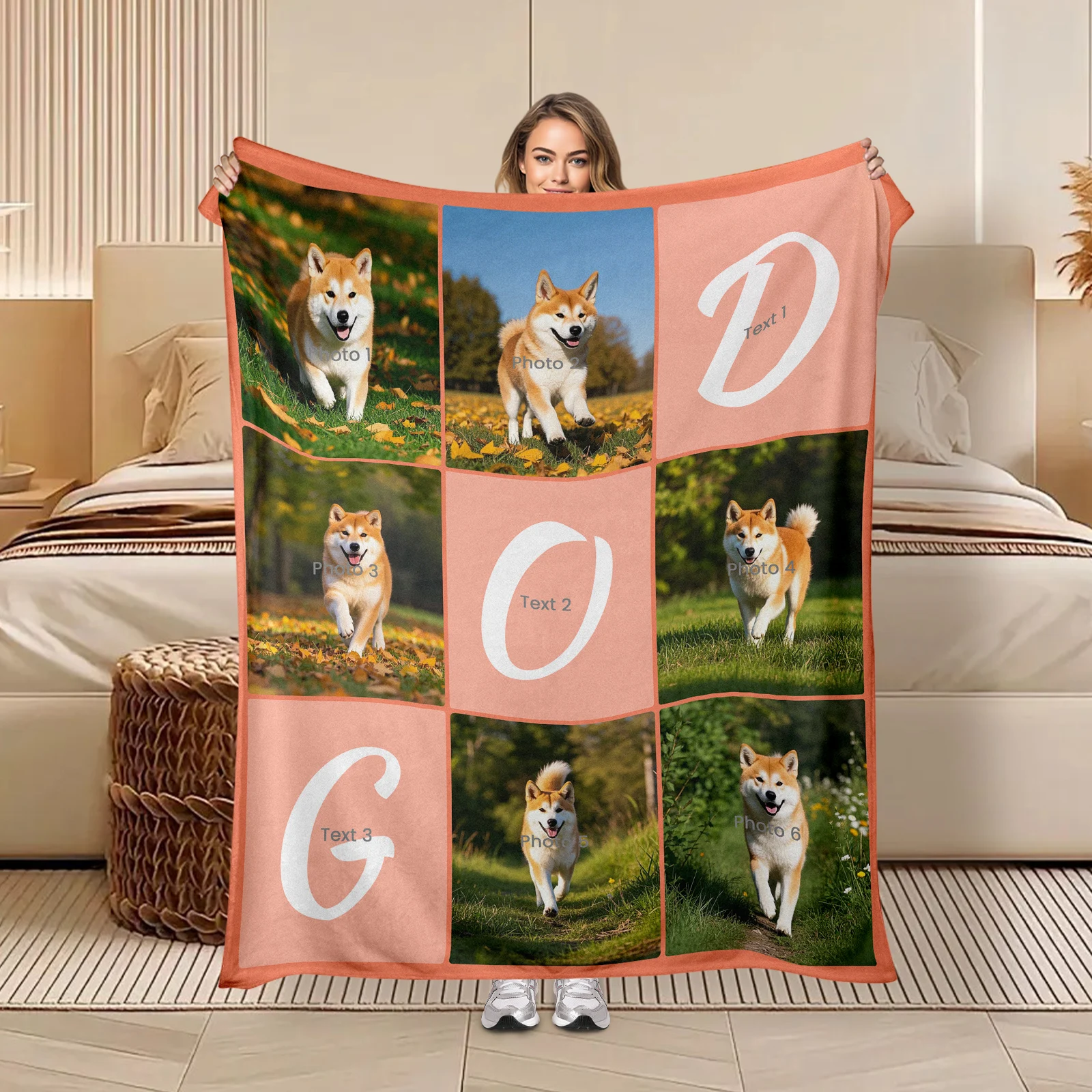 Custom Flannel Blanket For Loved Ones Featuring Six Dog Photos And Three Personalized Text Lines
Custom Flannel Blanket For Loved Ones Featuring Six Dog Photos And Three Personalized Text Lines